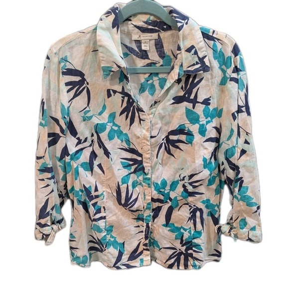 JM Collection Tops - JM Collection Top Womens 16 Floral Print 100% Linen Button Up 3/4 Tie Sleeve